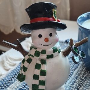 Festive Snowman Figurine with Green Scarf